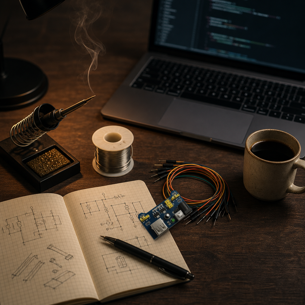 Real breadboard power supply module composited onto a moody workbench desk scene: a soldering iron and stand, a spool of solder wire, jumper wires, a laptop showing code, and a mug of coffee.