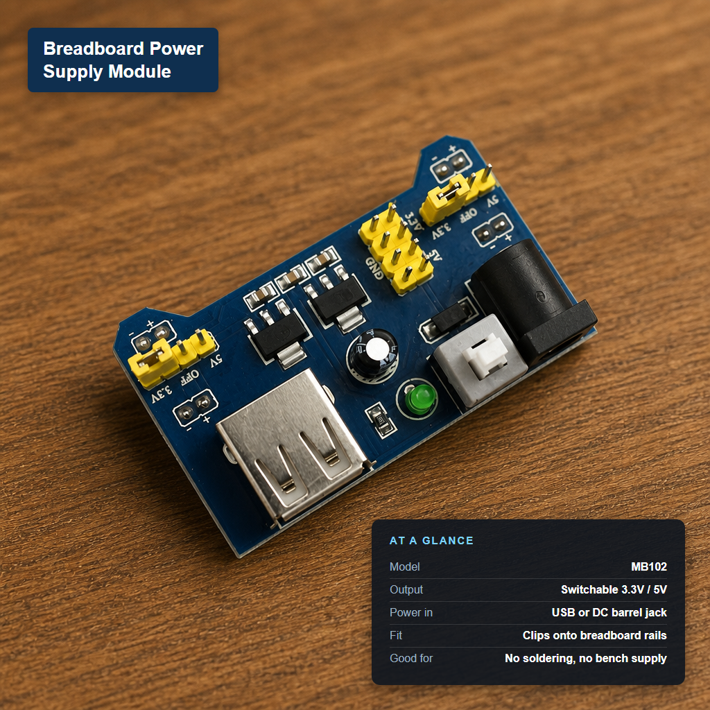 MB102 breadboard power supply module with USB port and DC barrel jack, labeled with its at-a-glance specs: switchable 3.3V/5V output, clips directly onto breadboard rails.