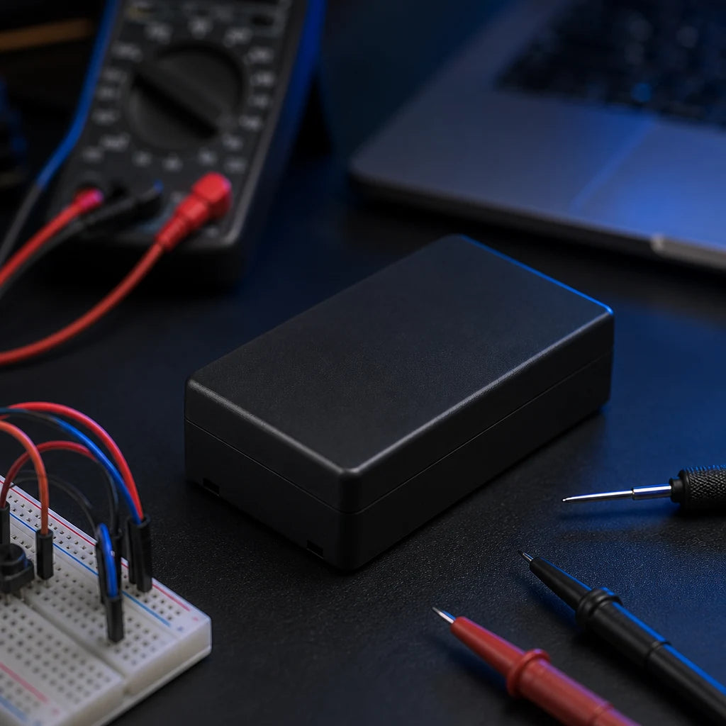 Black project enclosure box resting on a dark workbench near a breadboard and test leads.