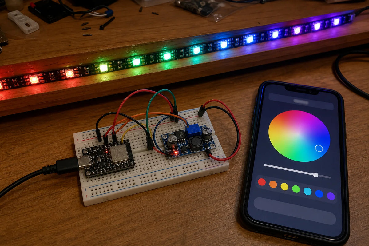 ESP32-C3 SuperMini and buck converter on a breadboard driving a glowing WS2812B RGB LED strip, controlled from a phone color-picker app