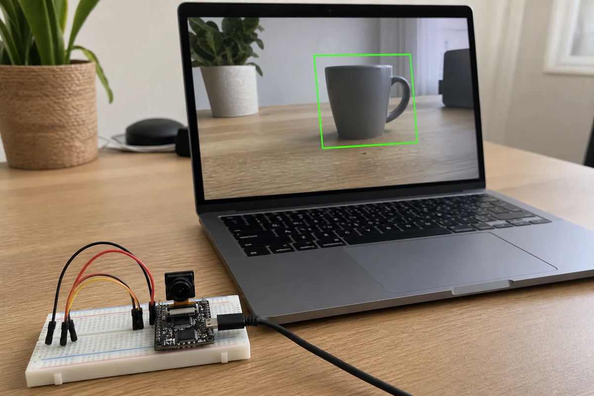 ESP32-S3 camera board on a breadboard connected to a laptop showing live object detection