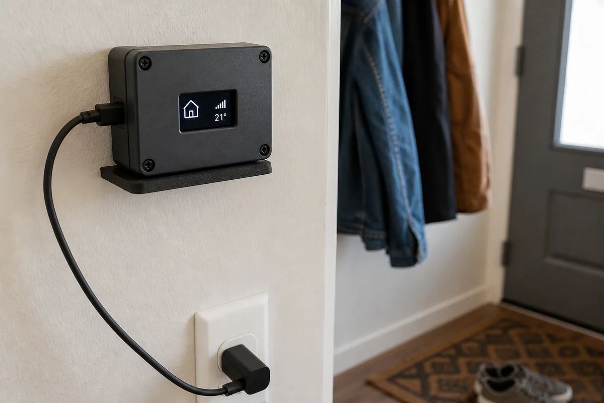 Small plastic project enclosure with a 0.96 inch OLED display showing home status icons, mounted near an entryway