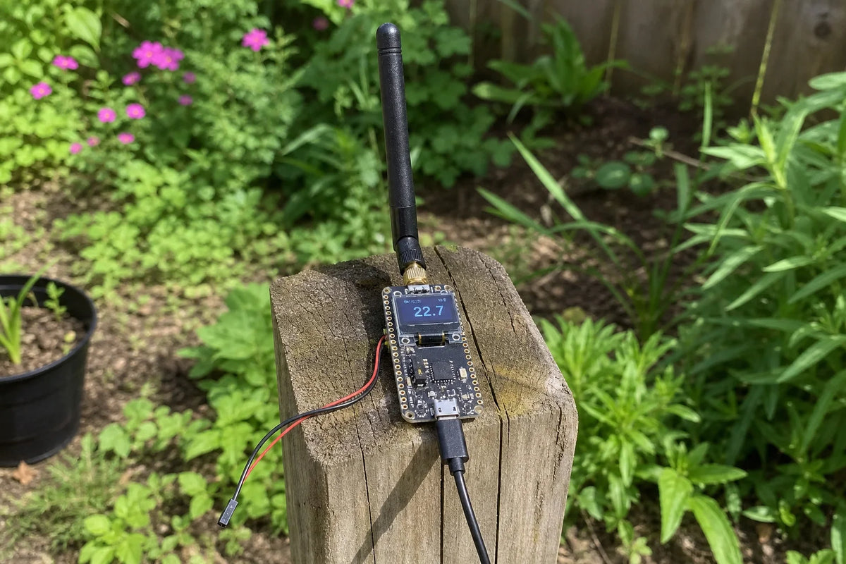 LILYGO TTGO LoRa32 board with integrated OLED display and whip antenna mounted outdoors on a fence post