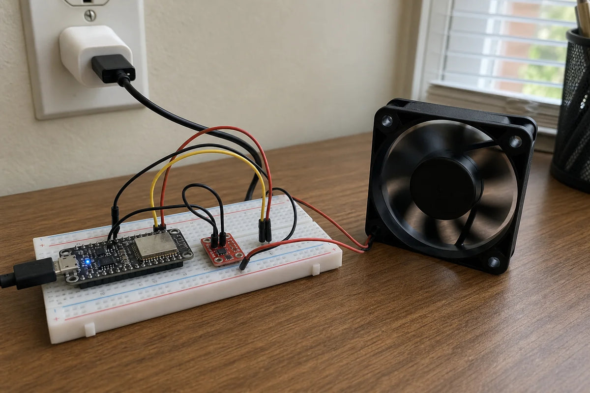 Breadboard power current monitor with INA219 sensor wired to a small DC cooling fan