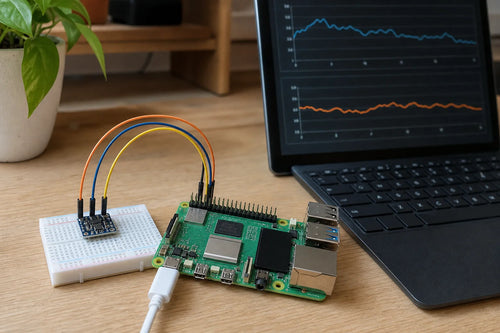 Raspberry Pi 5 wired to an AHT20 sensor on a breadboard with a laptop dashboard nearby