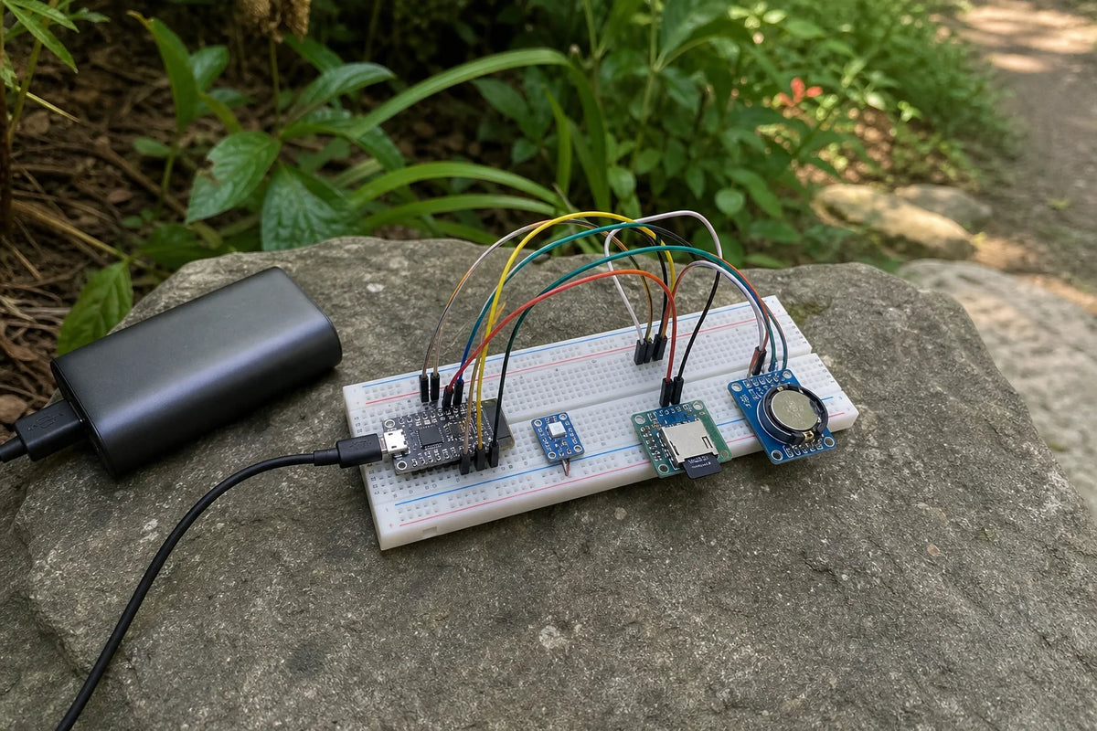 Breadboard SD card data logger with AHT20 sensor, SD card module and RTC module, outdoors on a rock