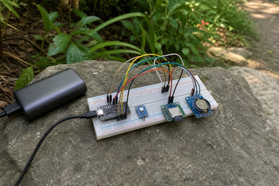 Breadboard SD card data logger with AHT20 sensor, SD card module and RTC module, outdoors on a rock