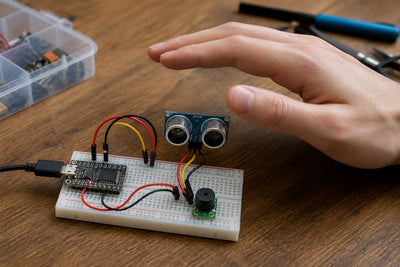 Breadboard ultrasonic theremin build with ESP32-C3 SuperMini, HC-SR04 ultrasonic sensor, and buzzer, hand hovering over sensor