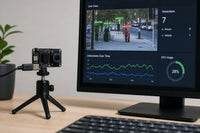 Sipeed MaixCAM Pro edge AI vision board on a stand, connected to a display showing detection analytics