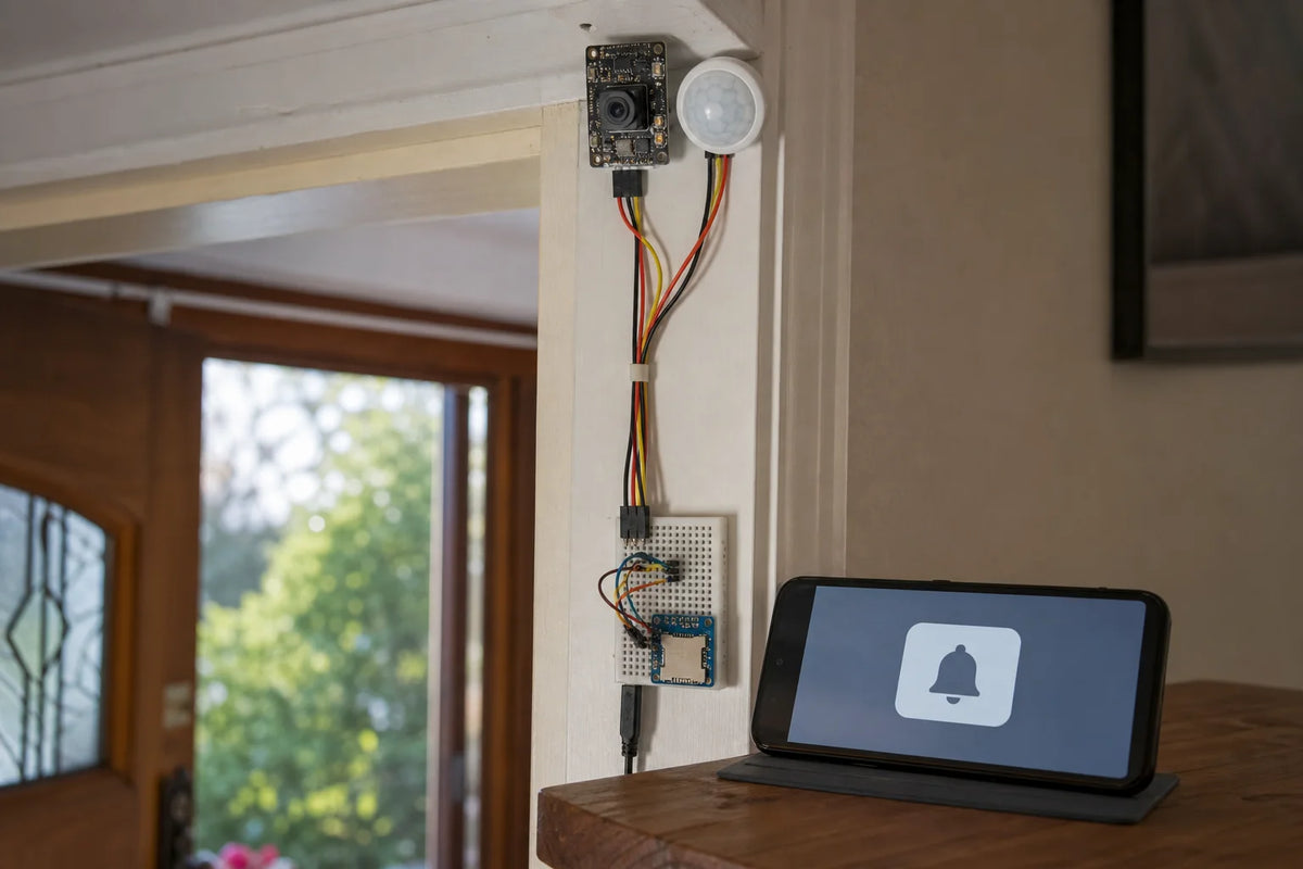 ESP32-S3 camera board and PIR motion sensor mounted near a doorway with phone notification