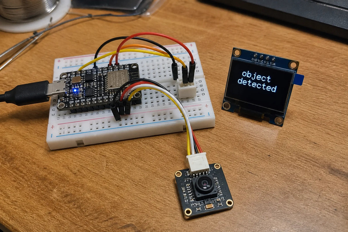 Grove Vision AI starter kit with ESP32-C3 SuperMini, Seeed Grove Vision AI Module V2 camera, and OLED display