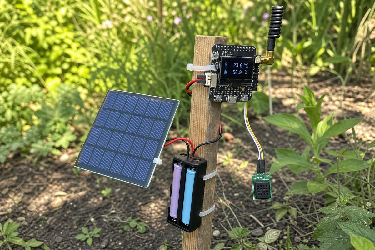 Solar-powered remote sensor node with LILYGO TTGO LoRa32 board, mini solar panel, 18650 battery holder, and AHT20 sensor mounted outdoors