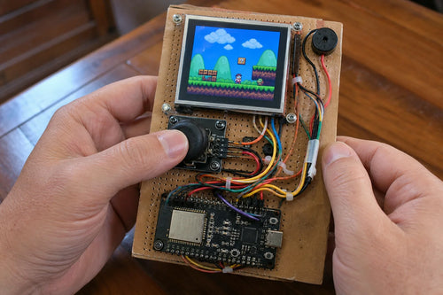Hand-built handheld game console with TFT screen, joystick, and exposed ESP32-S3 wiring
