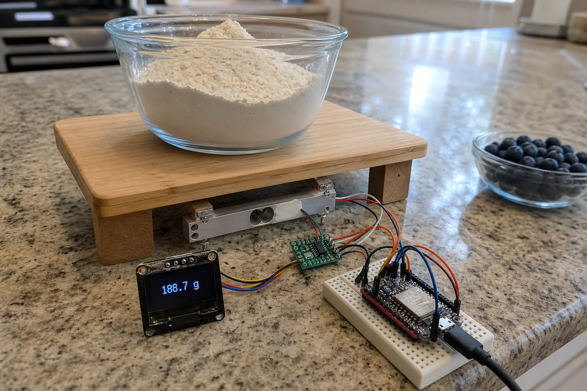 Load cell bar with HX711 module and OLED weight readout on a kitchen counter