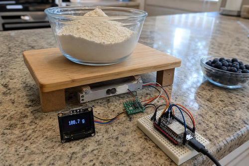 Load cell bar with HX711 module and OLED weight readout on a kitchen counter