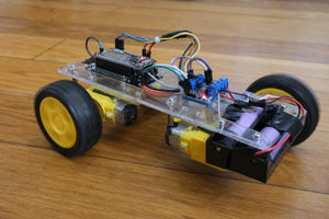 DIY 2WD robot car chassis kit with yellow TT gear motors, wheels, battery box, ESP32-S3 and TB6612FNG driver