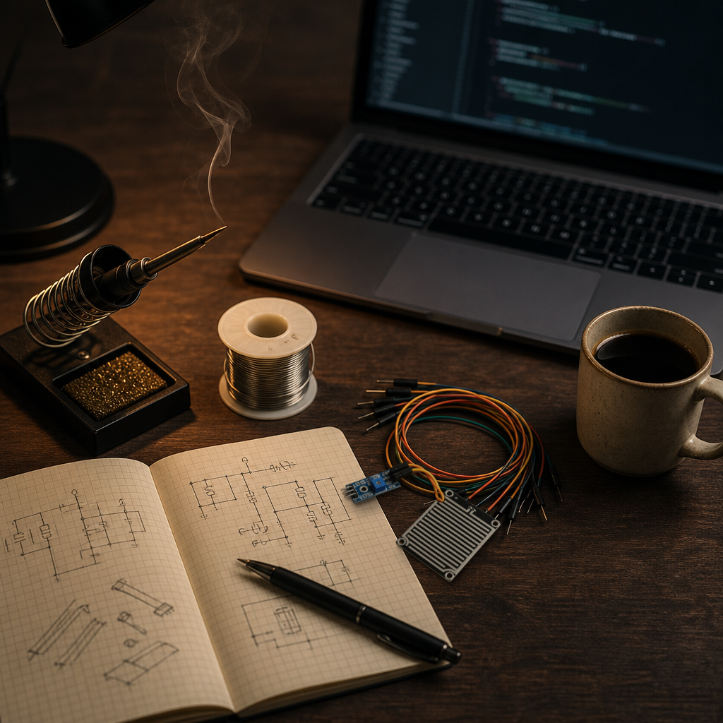 Real rain sensor module composited onto a moody workbench scene with a soldering iron and stand, a spool of solder wire, jumper wires, a laptop showing code, a mug of coffee, and a notebook with hand-drawn circuit sketches.