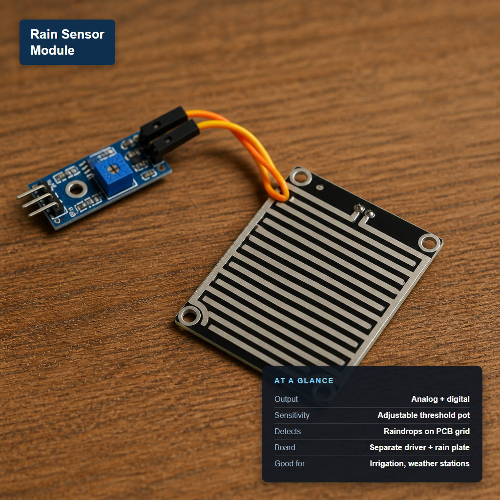 Rain sensor module with separate driver board and nickel-plated conductive rain plate, labeled with its at-a-glance specs: analog and digital output, adjustable sensitivity, irrigation and weather-station use.