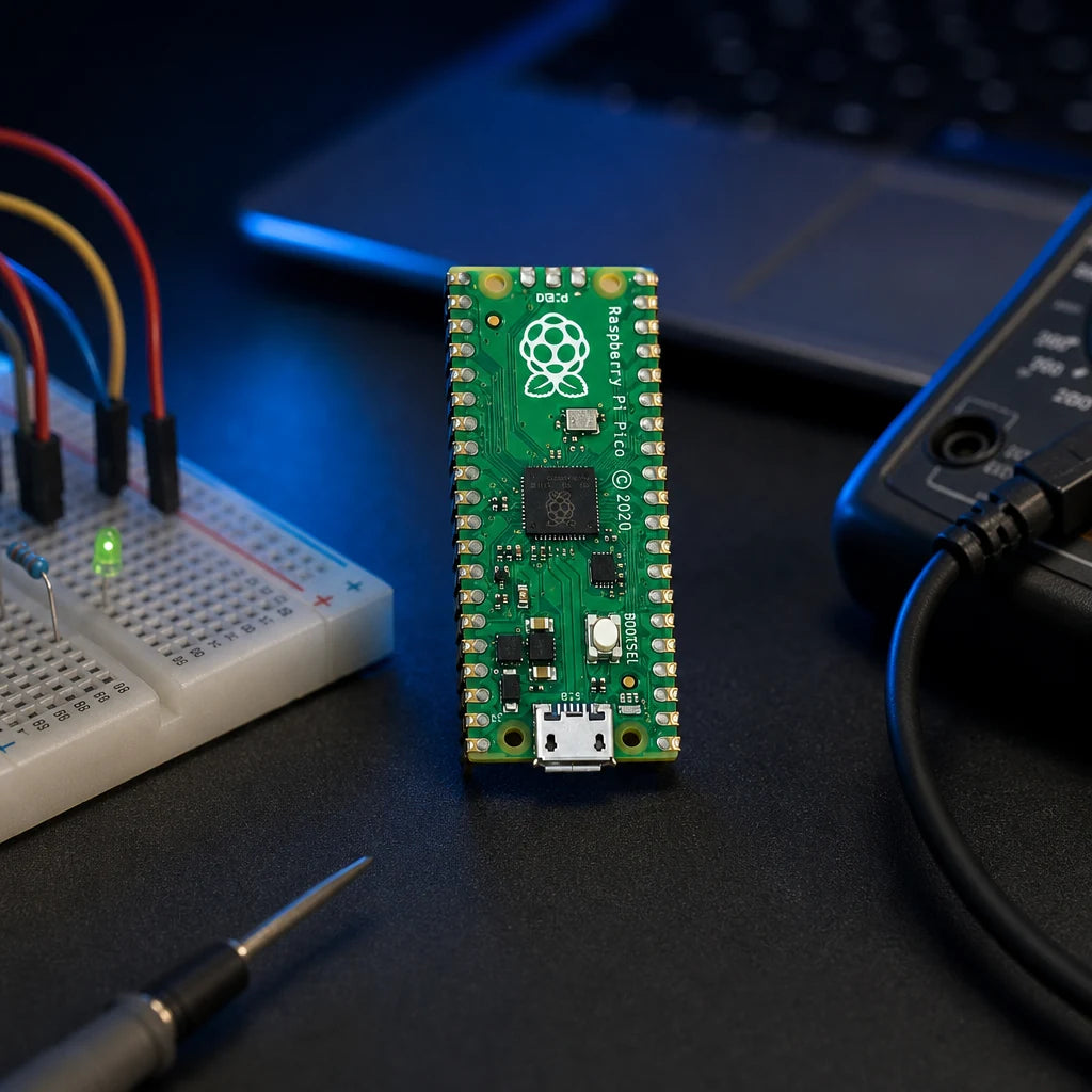 A Raspberry Pi Pico RP2040 microcontroller board standing on a dark workbench alongside a breadboard, jumper wires, and a multimeter