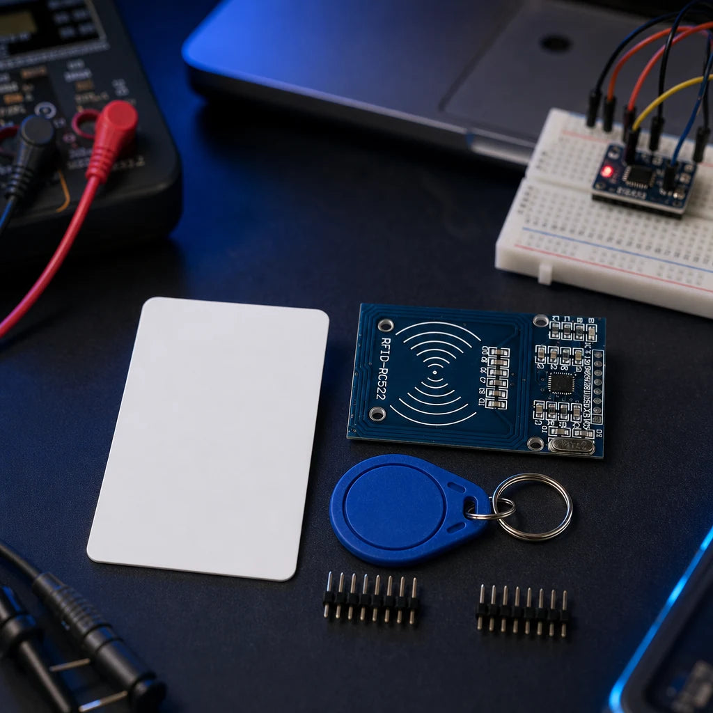 RC522 RFID reader module, white card, and blue keyfob with pin headers on an electronics workbench