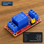 5V opto-isolated 1-channel relay module with at-a-glance spec card showing 3.3V/5V logic trigger and 10A rated load