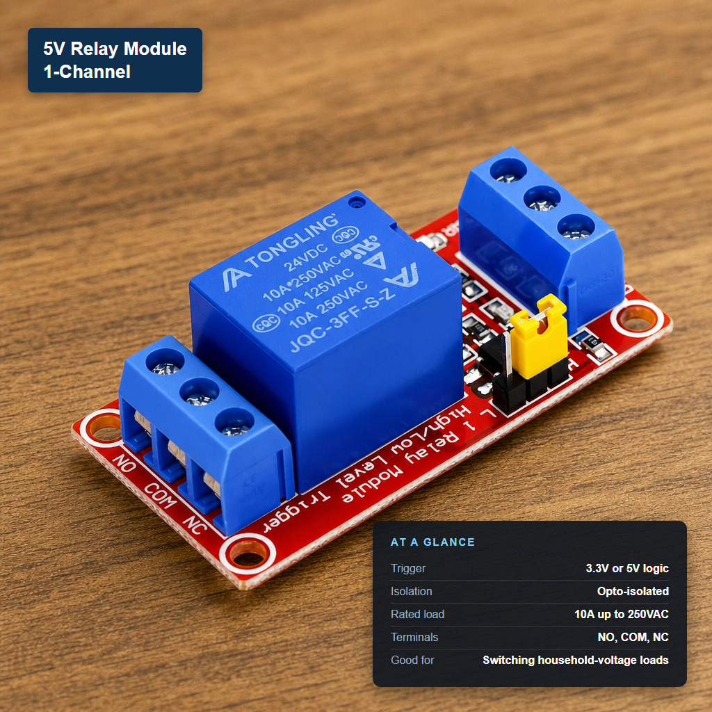 5V opto-isolated 1-channel relay module with at-a-glance spec card showing 3.3V/5V logic trigger and 10A rated load