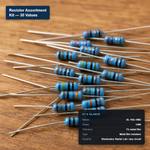 Loose 1/4W metal film resistors from the 30-value, 10-ohm to 1-megaohm assortment kit.