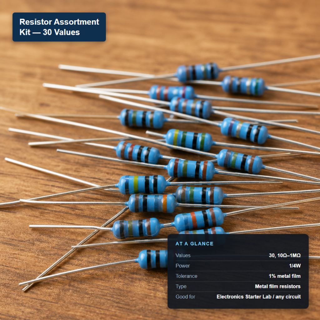 Loose 1/4W metal film resistors from the 30-value, 10-ohm to 1-megaohm assortment kit.
