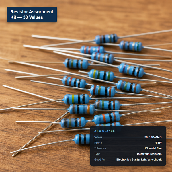 Loose 1/4W metal film resistors from the 30-value, 10-ohm to 1-megaohm assortment kit.