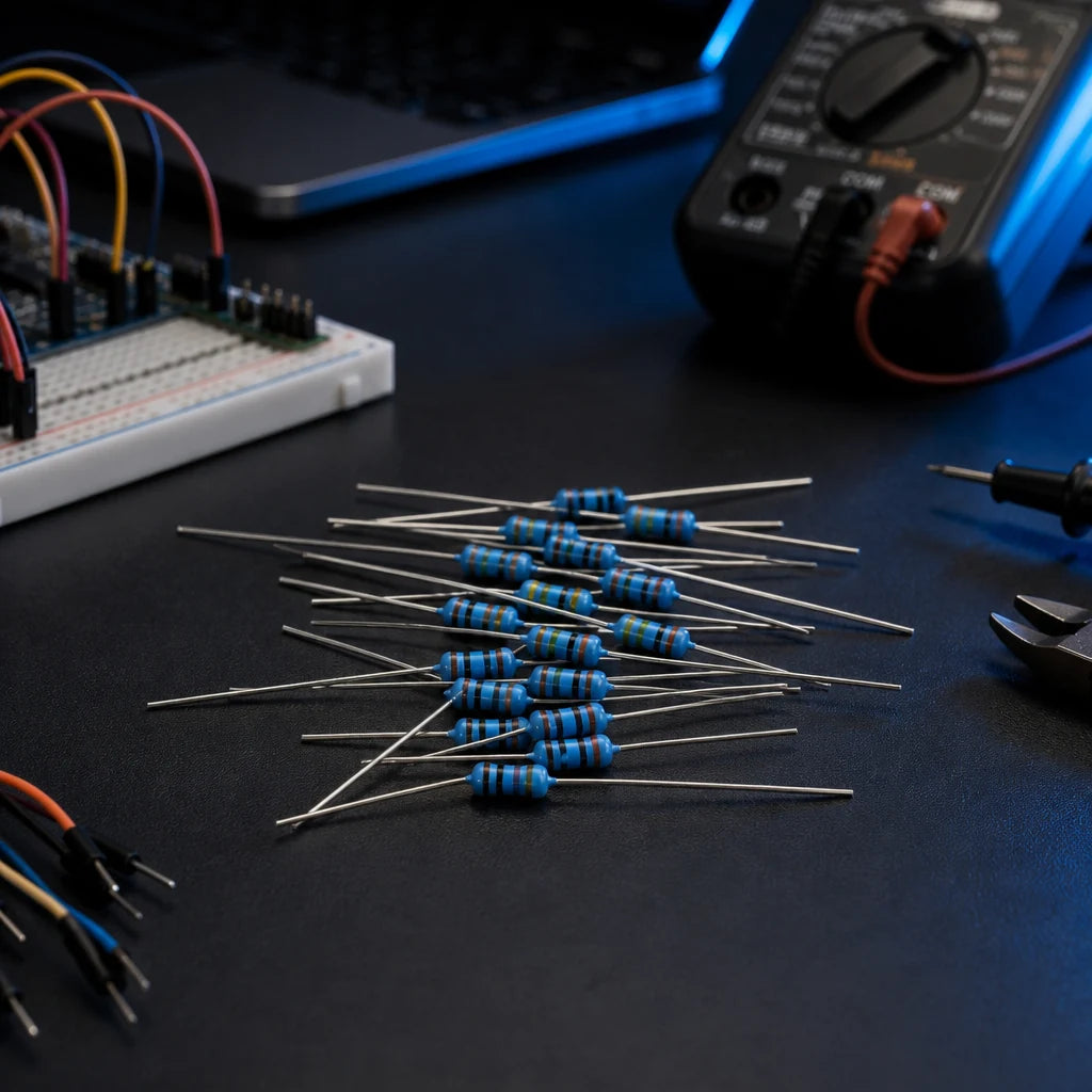 Loose color-banded resistors fanned out on a dark workbench beside test equipment.