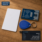RC522 RFID reader kit with card and keyfob, with at-a-glance spec card showing MFRC-522 chip and SPI interface
