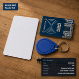 RC522 RFID reader kit with card and keyfob, with at-a-glance spec card showing MFRC-522 chip and SPI interface
