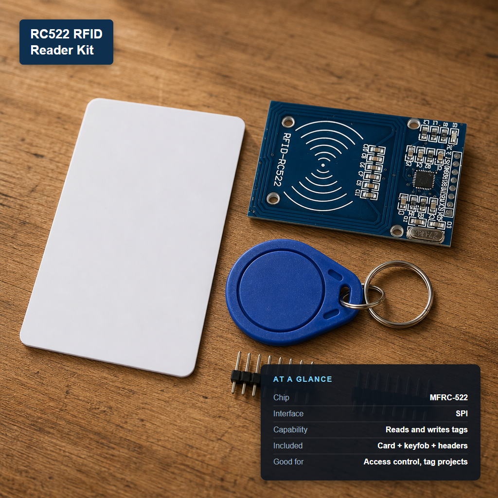 RC522 RFID reader kit with card and keyfob, with at-a-glance spec card showing MFRC-522 chip and SPI interface