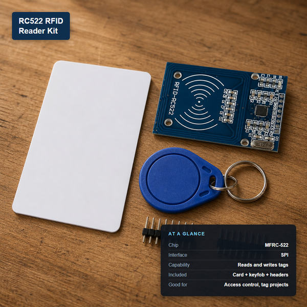 RC522 RFID reader kit with card and keyfob, with at-a-glance spec card showing MFRC-522 chip and SPI interface