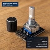 A rotary encoder module with a 360-degree rotating knob, shown on a wooden surface alongside its black plastic replacement knob cap. The main module features a silver metal rotary switch on a black PCB with blue accents, and two text overlays provide product specifications.