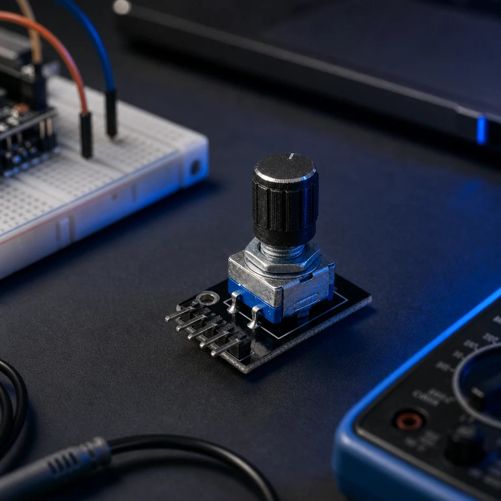 Rotary encoder module with knob fitted, on a workbench beside a breadboard and multimeter, illustrating its use as a physical menu/volume control.