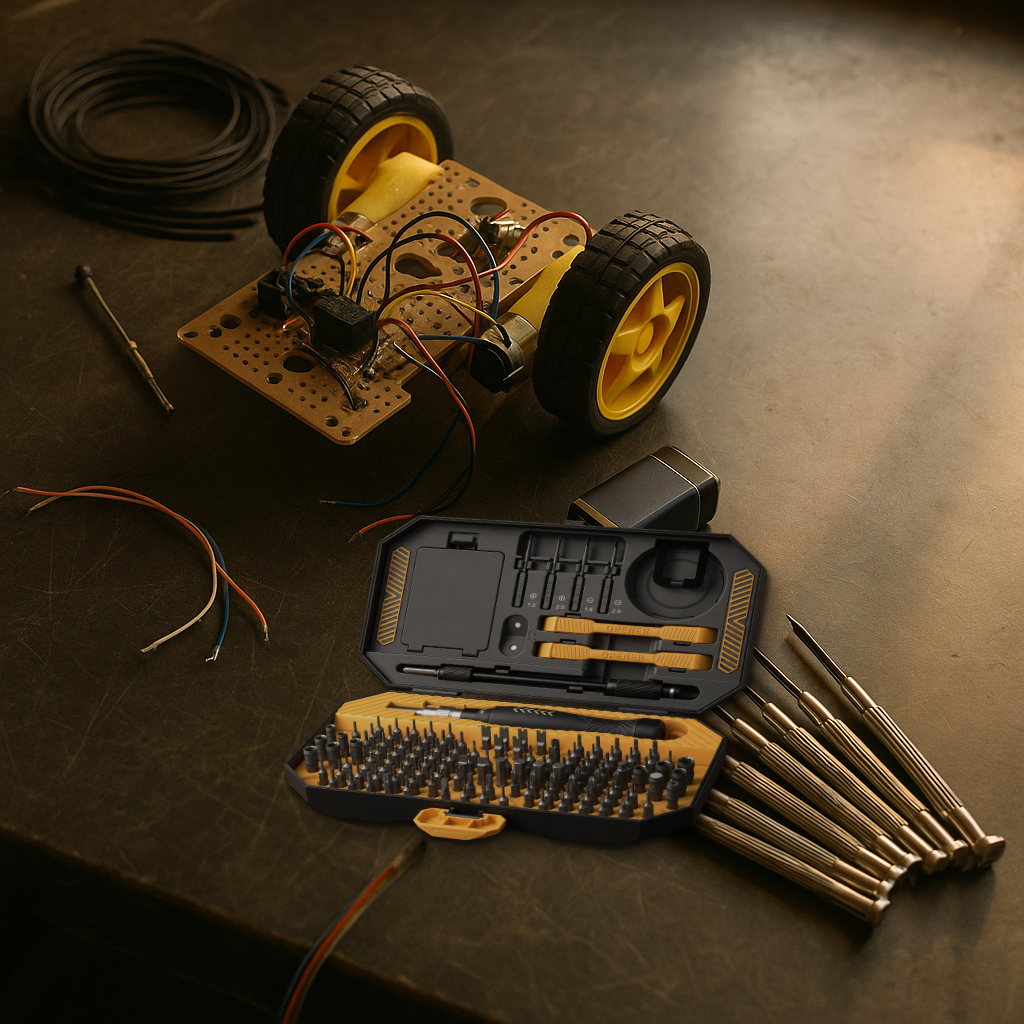 Precision screwdriver set case open on a dark scratched workbench next to a robot chassis and spare wire