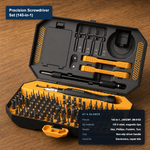 Open JAKEMY JM-8183 145-in-1 precision screwdriver set case with at-a-glance spec card showing CR-V steel magnetic bits and Hex/Phillips/Pozidriv/Torx heads