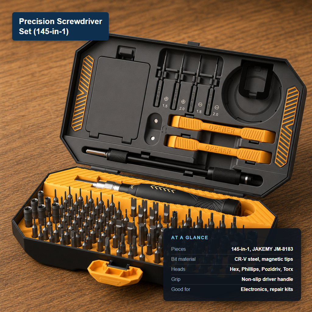 Open JAKEMY JM-8183 145-in-1 precision screwdriver set case with at-a-glance spec card showing CR-V steel magnetic bits and Hex/Phillips/Pozidriv/Torx heads
