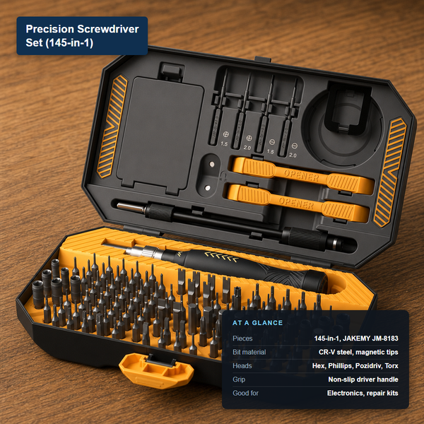 Open JAKEMY JM-8183 145-in-1 precision screwdriver set case with at-a-glance spec card showing CR-V steel magnetic bits and Hex/Phillips/Pozidriv/Torx heads