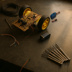 Real MG996R continuous-rotation servo motor composited onto a robotics project desk scene: a small robot chassis with wheels, a 9V battery, zip ties, and a fanned-out screwdriver set.