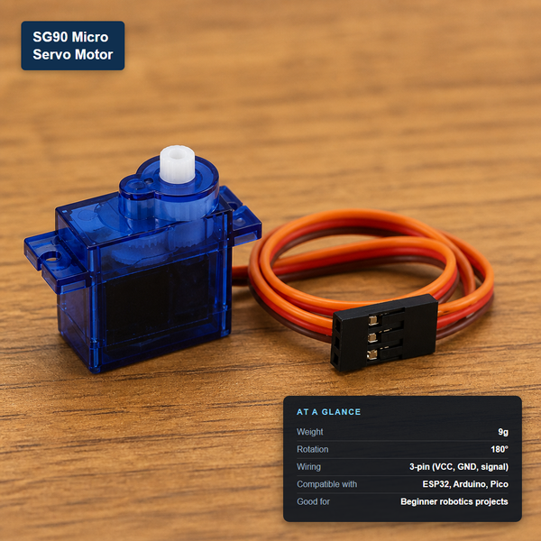 SG90 micro servo motor with 3-pin cable and at-a-glance spec card showing 9g weight and 180-degree rotation