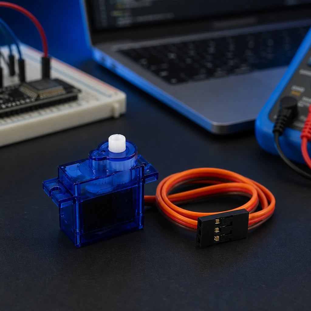 SG90 micro servo motor with its orange 3-pin connector on a dark workbench, with a breadboard, microcontroller, laptop, and multimeter in soft-focus behind it