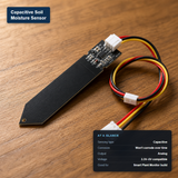 Capacitive soil moisture sensor probe with key specs: capacitive sensing, corrosion-resistant, analog output, 3.3–5V compatible.