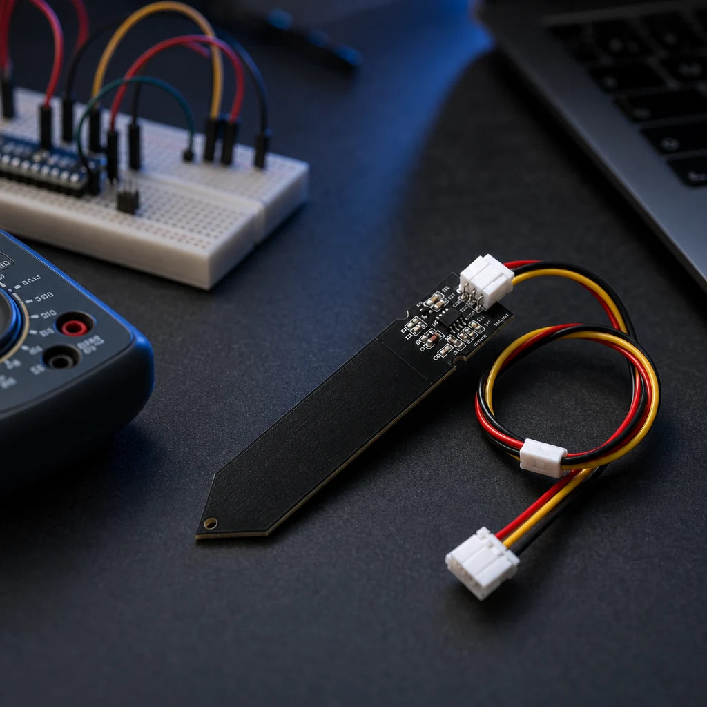 Capacitive soil moisture sensor with attached wiring on a dark electronics workbench near a multimeter and breadboard.