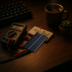6V mini solar panel leaning against a breadboard on a moody workbench beside a multimeter and coffee mug