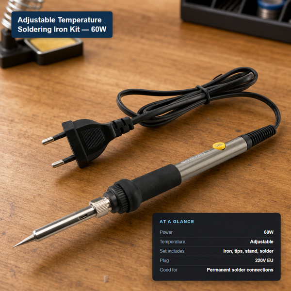 60W adjustable-temperature soldering iron kit with iron, tips, stand, and solder wire, shown with its key specs.