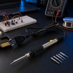 60W soldering iron with EU plug and spare tips laid out on an electronics workbench near a breadboard and solder spool.