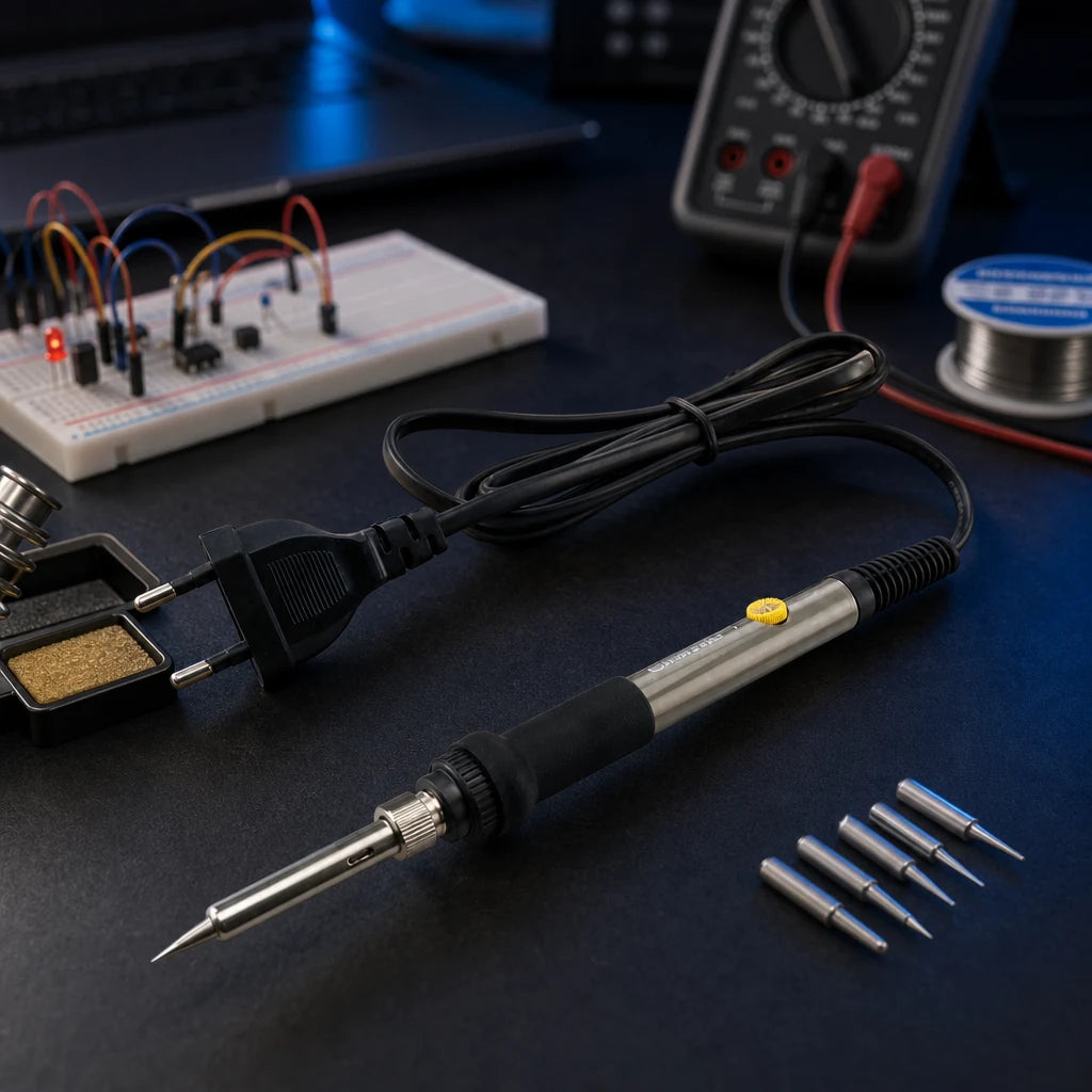 60W soldering iron with EU plug and spare tips laid out on an electronics workbench near a breadboard and solder spool.
