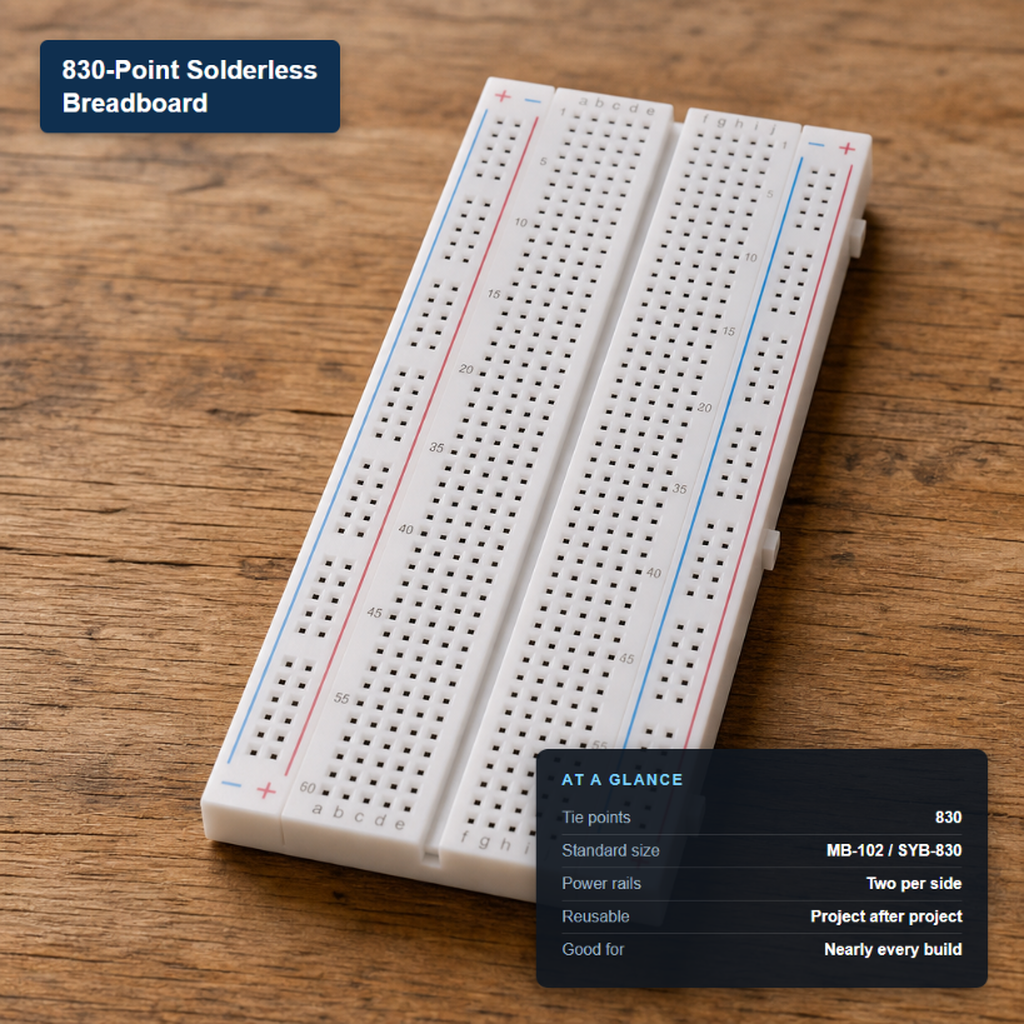 White 830-point solderless breadboard with key specs: 830 tie points, MB-102/SYB-830 size, dual power rails, reusable.